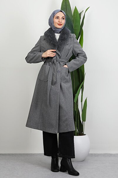 GİYZAMİLA Arven Kürklü Kaban Koyu Gri