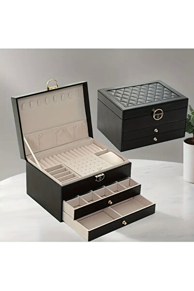 İthal Чорний зовнішній шкіряний внутрішній оксамитовий замок 3-х ярусний органайзер для ювелірних прикрас