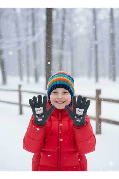 Kitti Boy's Knitted Gloves with Teddy Bear Figure
