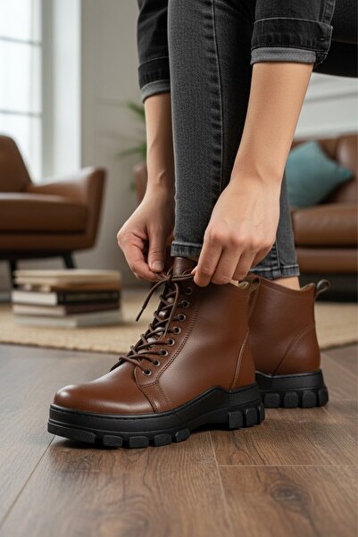 VeliKundura Cizme de damă H&MANC din piele naturală maro cu fermoar și șiretu...