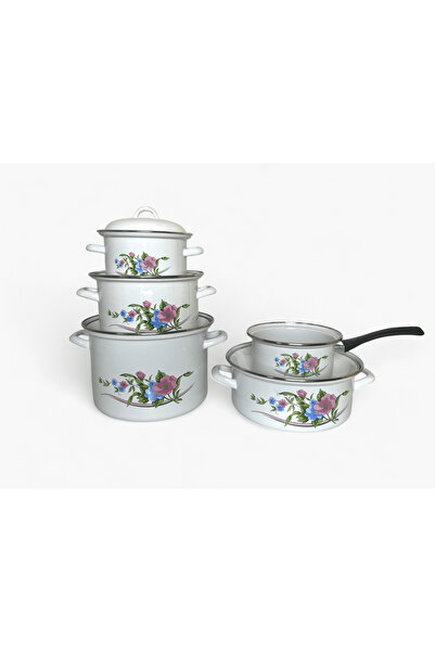 Emailul Medias Set of elegant white enameled dishes, floral pattern