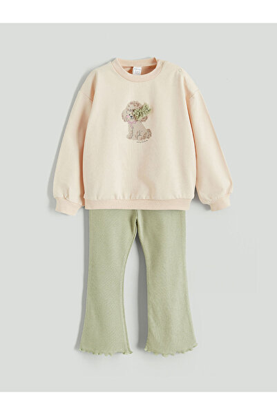 LC Waikiki Crew Neck Printed Baby Girl Sweatshirt and Leggings