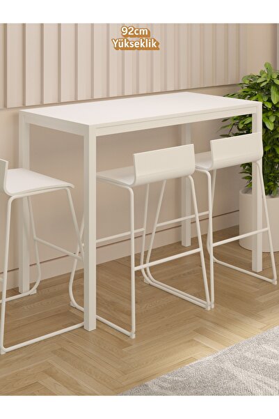NEATS Beyaz Bar Masası, 60x116, Yüksek Bar Masası, Büyük Mutfak Masası, Metal Ayak Ahşap Yemek Masası 92cm