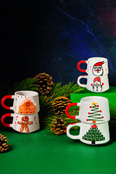 touchmughm New Year Set Handmade Ceramic Mugs, 6-Piece New Year Set, Pine, Snowman, Cookie, House, Pine, Santa Claus