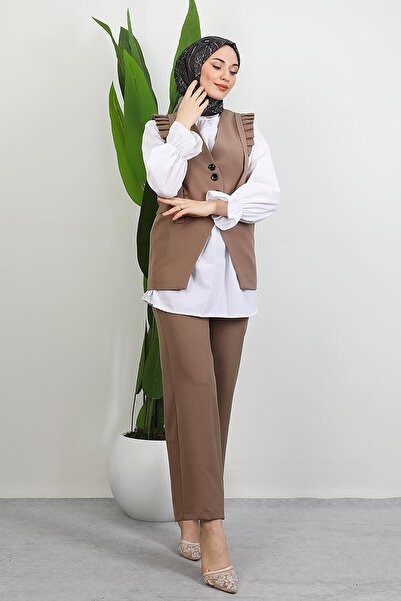 GİYZAMİLA Devin Ruffle Detail Suit Mink