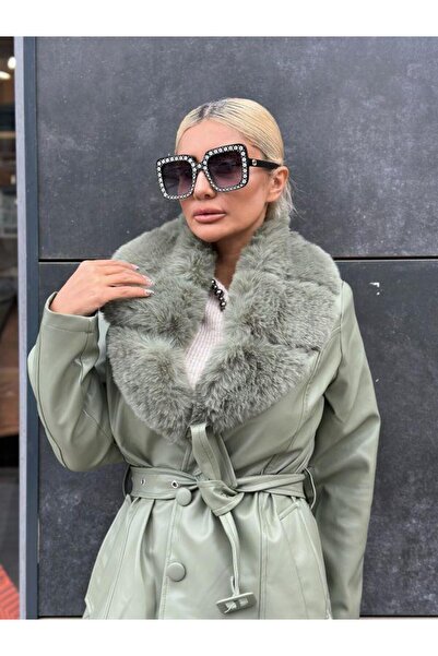 Kokoşum Butik 3870 Yaka Kürklü Deri Trench Yeşil