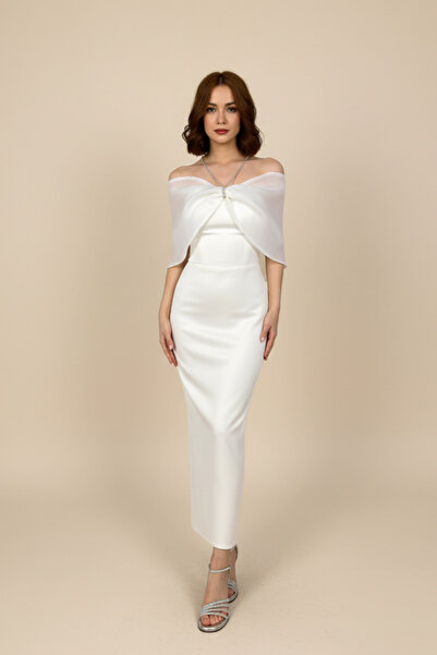 berissima bride Maxi Nikah, Nişan, Davet Elbisesi, Kırık Beyaz, Kelebek Madonna, Taş Detaylı, Esnek Kalem, Butterfly