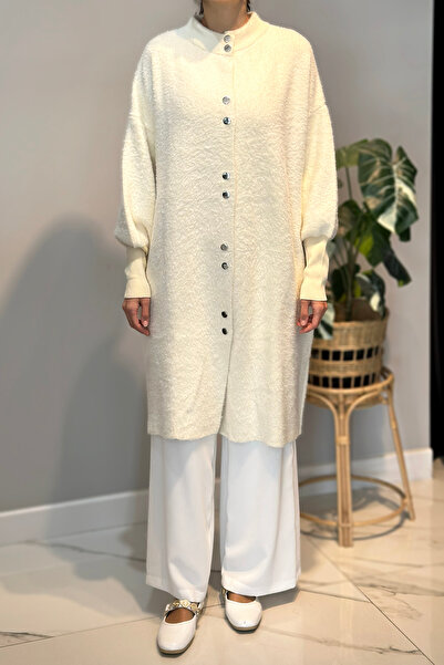 Lale Butik Long Button Detail Angora Cardigan 25129 Ecru