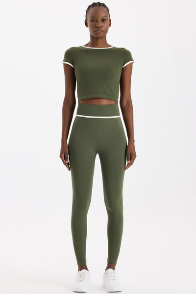 COMEUP Contrast Piped Sports Leggings Dark Leaf Green