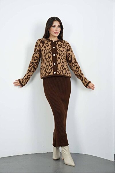 BLUSS Brown Leopard Print Women's Knitwear 2-Piece Set – Dress & Cardigan