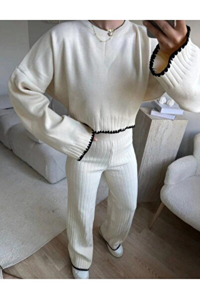 BLUSS Μαύρο και άσπρο λεπτομερές γυναικείο πλεκτό σετ δύο τεμαχίων – Crop πουλόβερ & παντελόνι F κοτλέ