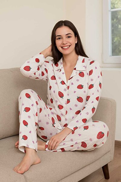 Tenra Γυναικείο Σετ Πιτζάμες με Κουμπιά Πάνω από το Μέσο, Υφασμάτινο Μιλανέζικο Σχέδιο Φράουλα