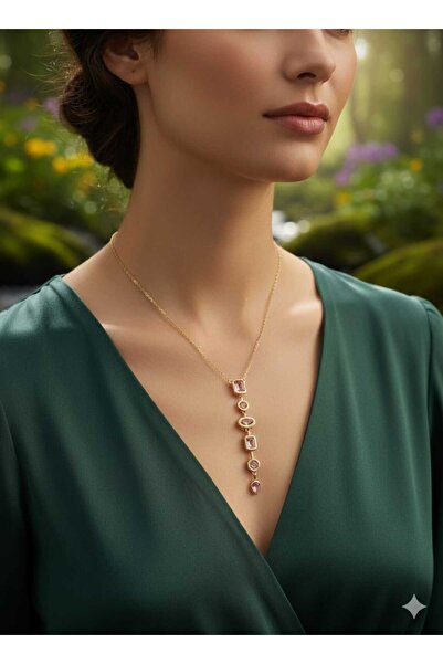 FOR YOU TAKI by Ezgi قلادة نسائية على شكل حرف Y مرصعة بالأحجار الوردية الفولاذية