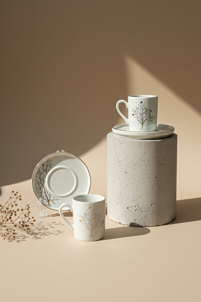 KHAKMA Home Natura Series 6-Piece Porcelain Coffee Cup Set - Gold Tree Pattern, 100 ml