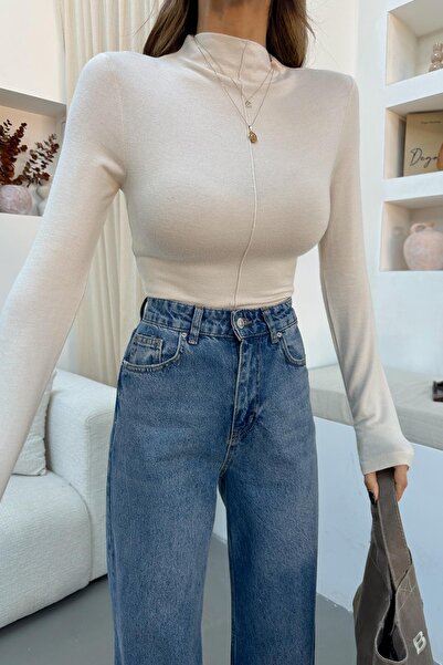 mylove ياقة مرتفعة متوسطة الطول بلوزة بتفاصيل خياطة حجرية