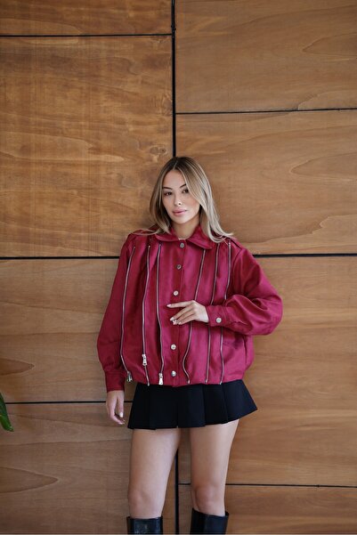 cemo Women's Burgundy Zipper Detailed Short Jacket Bomber Shirt Collar Spring Jacket