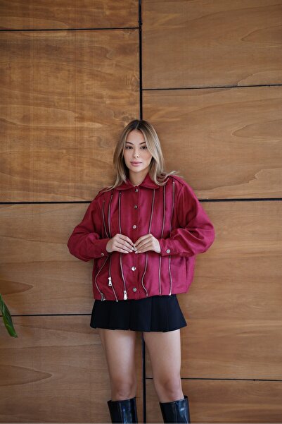 cemo Women's Burgundy Zipper Detailed Short Jacket Bomber Shirt Collar Spring Jacket