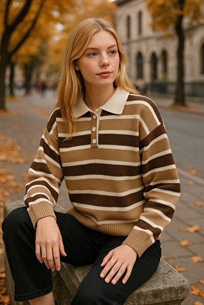 Sfg Life Moda Striped Buttoned Polo Neck Women's Knitwear Sweater