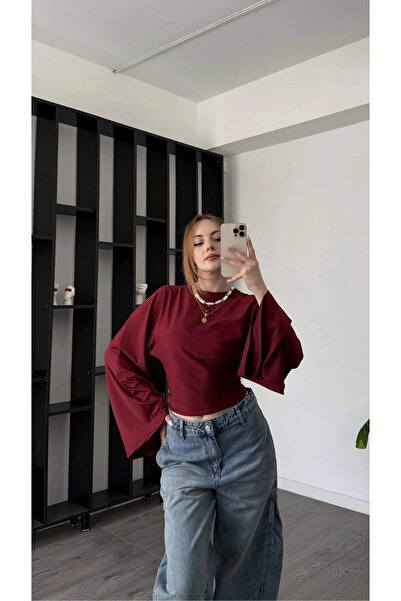 bysoca Γυναικεία μπλούζα με λαιμόκοψη σε μπορντό χρώμα, ισπανικά μανίκια, που...