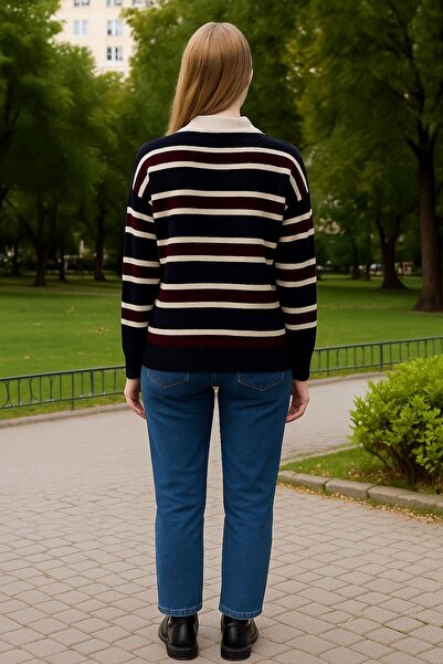 Sfg Life Moda Striped Buttoned Polo Neck Women's Knitwear Sweater