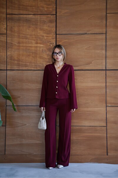cemo Thessaloniki Fabric Wide Leg Buttoned Jacket Women's Suit