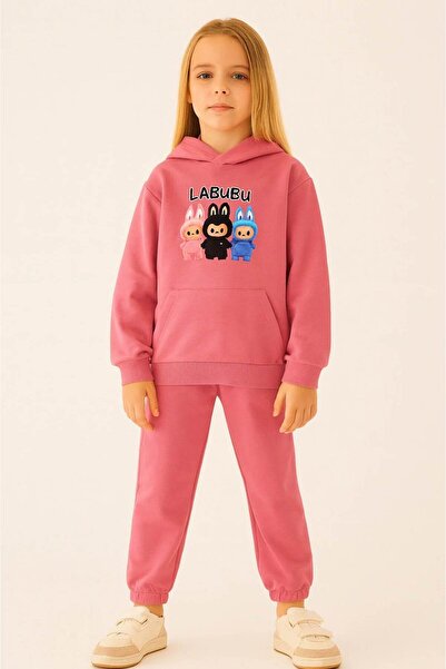 falcomini Girl's Two-Thread Tracksuit Set Labubu Set Hooded Printed Sweatshirt and Pants 4/8 Years