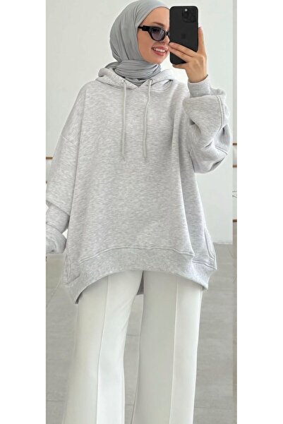 onlymoon Γκρι φούτερ oversized ♦ 3 Νήματα Στρογγυλής Σχεδίασης ♦ 100% βαμβάκι ♦ με κουκούλα ♦ Χιτζάμπα ♦ Άνετη εφαρμογή
