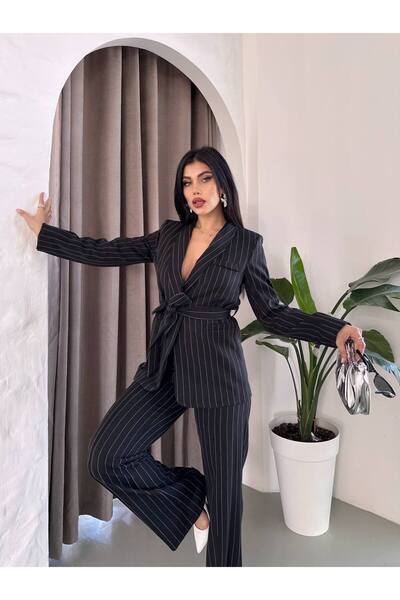 SUXİRCNHTMTS Çizgili Kuşaklı Blazer Ceket Pantolon Takım – Kadın Ofis Şıklığı