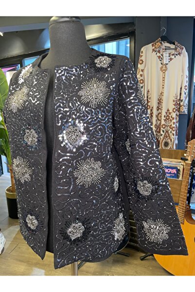By-esq Women's Stone Embroidered Special Design Cotton Long Sleeve Jacket