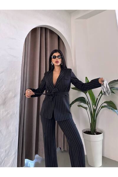 SUXİRCNHTMTS Çizgili Kuşaklı Blazer Ceket Pantolon Takım – Kadın Ofis Şıklığı