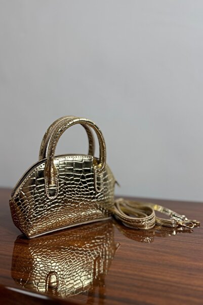 Gülşah collection Crocodile Pattern Mini Crossbody Hand and Shoulder Bag - Gold