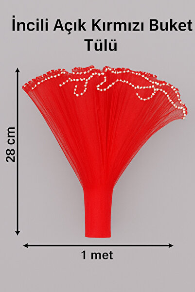 serap çiçekçilik 1 metre 28 cm . incili Fırfırlı Kırmızı Buket ve Çiçek Tülü