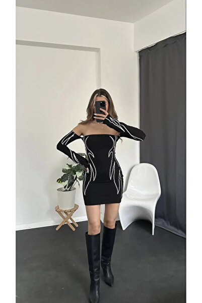 bysoca Kadın Siyah Straplez Düşük Omuz Uzun Kollu Alev Desenli Esnek Viskon V...