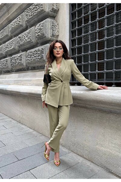 SUXİRCNHTMTS Side Pleated Detail Blazer Jacket and Flared Leg Pants Set – Modern Women's Elegance