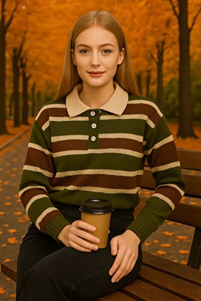 Sfg Life Moda Striped Buttoned Polo Neck Women's Knitwear Sweater