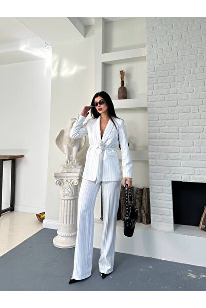 SUXİRCNHTMTS Σετ παντελόνι με ριγέ μπλέιζερ με ζώνη – Γυναικεία κομψότητα για το γραφείο