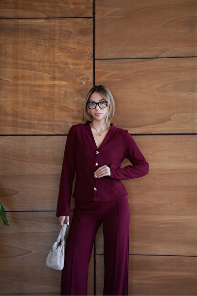 cemo Thessaloniki Fabric Wide Leg Buttoned Jacket Women's Suit