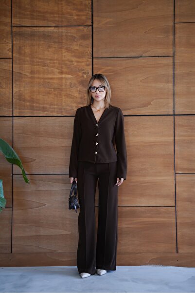 cemo Thessaloniki Fabric Wide Leg Buttoned Jacket Women's Suit