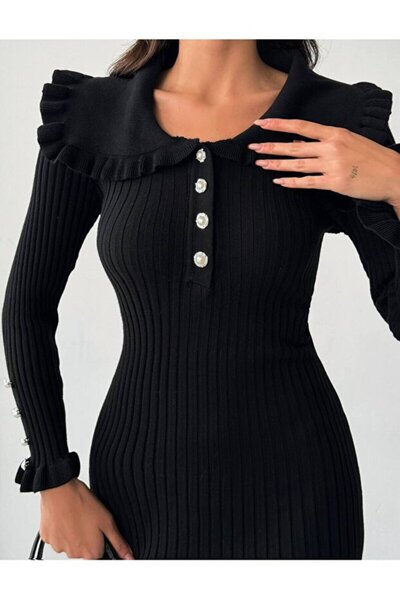 BLUSS Ruffle Detailed Pearl Buttoned Knitwear Dress - Black / White / Burgundy | Winter Long Model