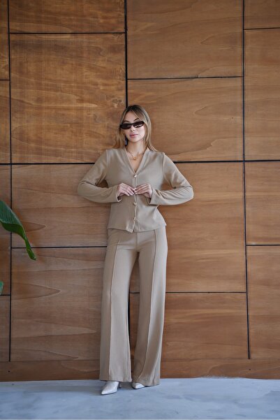cemo Thessaloniki Fabric Wide Leg Buttoned Jacket Women's Suit