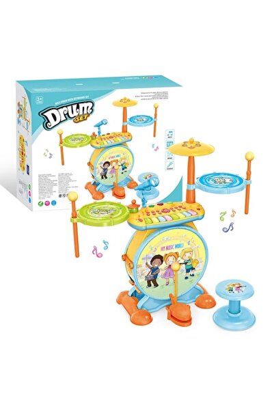 buz Kids musical set with electronic drums and keyboard, karaoke microphone and stool