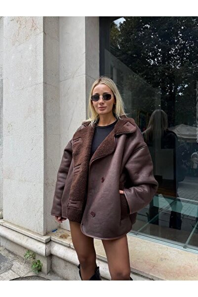 NET OF NOT Else Acı Kahve Dokulu Süet Içi Peluşlu Oversize Zr Model Mont