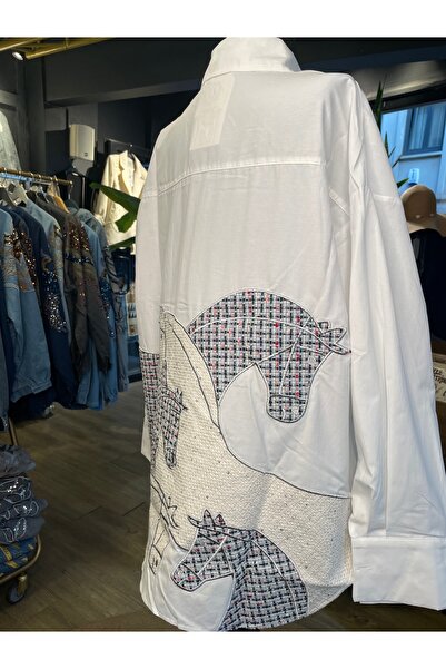 By-esq Women's Stone Embroidered Long Sleeve Cotton Embroidered Shirt