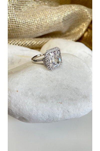 Casa D or Jewelry Büyük Baget Zirkon Taşlı Rodyum Kaplama Gümüş Renk Bijuteri...