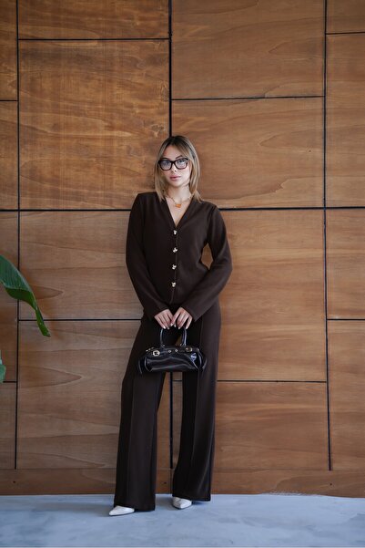 cemo Thessaloniki Fabric Wide Leg Buttoned Jacket Women's Suit