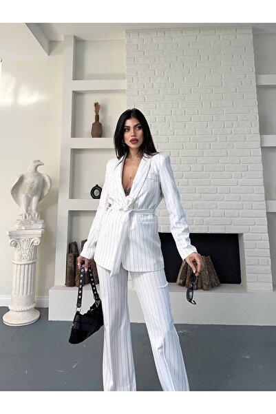 SUXİRCNHTMTS Σετ παντελόνι με ριγέ μπλέιζερ με ζώνη – Γυναικεία κομψότητα για το γραφείο