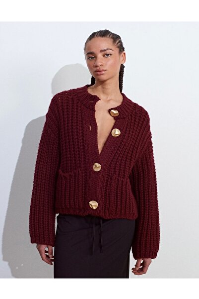 NATUFIAN STORE Women's Metal Buttoned Thick Knitted Long Sleeve Knitwear Cardigan