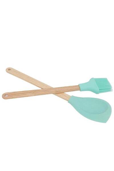 Generic 2-Piece Wooden Handle Silicone Spoon And Brush Green/Brown 30cm