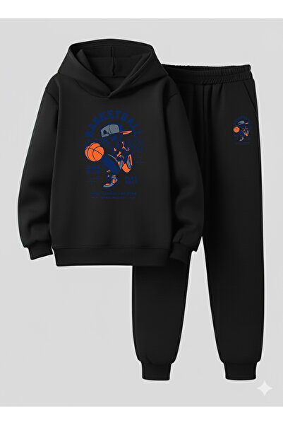 LORVEX Erkek Çocuk Kapüşonlu Takım İSKELET BASKET Baskılı 3 İplik Şardonlu Sweatshirt - Eşofman Takım