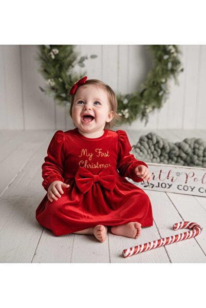 Bilge Trend My First Christmas New Year's Themed Baby Girl Balloon Sleeve Dress with Bow Detail (Buckle Is a Gift)